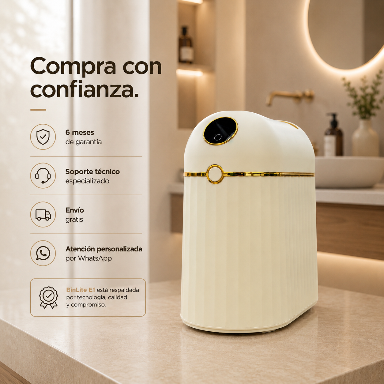 Papelera inteligente - Papelera cero contacto - Papelera con sellado automático de bolsa - Papelera sella y recambia la bolsa sola - Papelera BinLite inteligente cero contacto