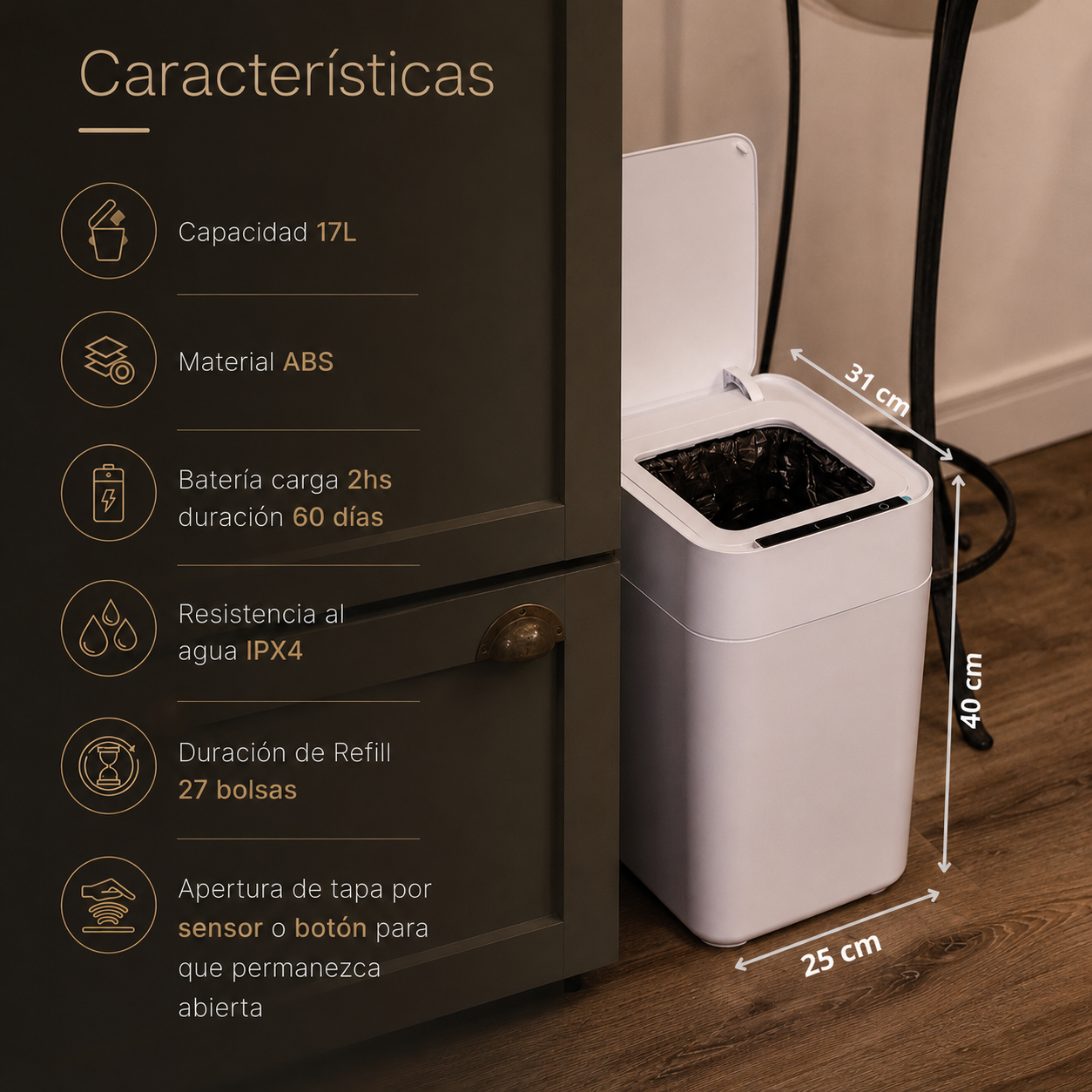 Papelera inteligente - Papelera cero contacto - Papelera con sellado automático de bolsa - Papelera sella y recambia la bolsa sola - Papelera BinElite inteligente cero contacto 