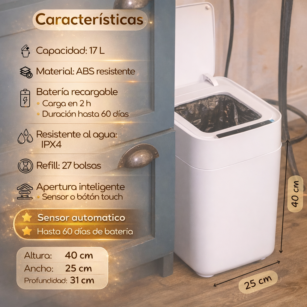 Papelera inteligente - Papelera cero contacto - Papelera con sellado automático de bolsa - Papelera sella y recambia la bolsa sola - Papelera BinElite inteligente cero contacto 