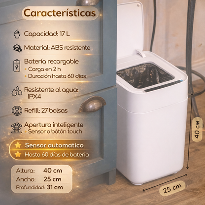 Papelera inteligente - Papelera cero contacto - Papelera con sellado automático de bolsa - Papelera sella y recambia la bolsa sola - Papelera BinElite inteligente cero contacto 